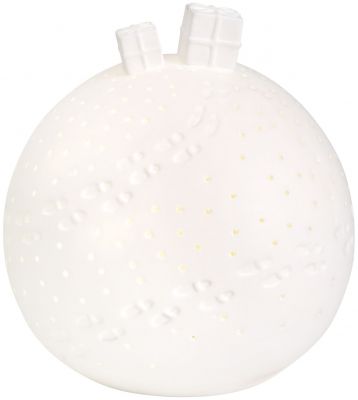 Weiße Porzellan Lichtkugel mit Geschenken als Dekoration und LED-Beleuchtung.